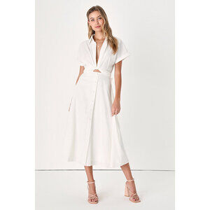 Lulus Palermo Perfection White Collared Midi Dress With Pockets - Size S